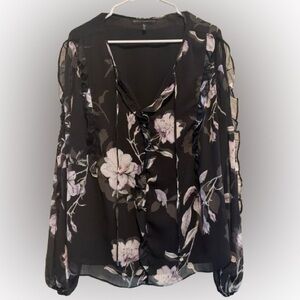 White House Black Market Black Floral Blouse XL